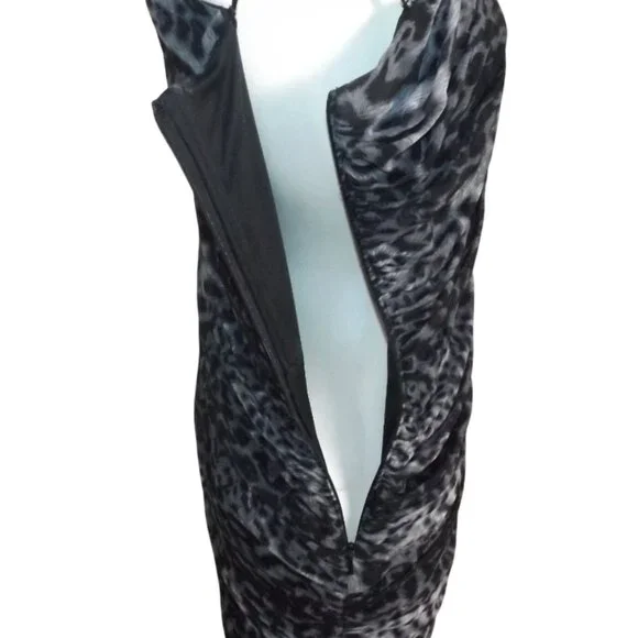 TADASHI SHOJI Evening Dress, XL, Grey Animal Print, Jeweled One Shoulder, Ruched - Picture 9 of 15